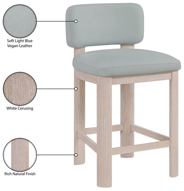 Meridian Furniture Paloma Art Deco Vegan Leather Counter Stool with Sculpted Wood Frame for Kitchen Islands Light Blue Style A 88054LtBlu-C