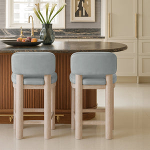 Meridian Furniture Paloma Art Deco Vegan Leather Counter Stool with Sculpted Wood Frame for Kitchen Islands Light Blue Style A 88054LtBlu-C