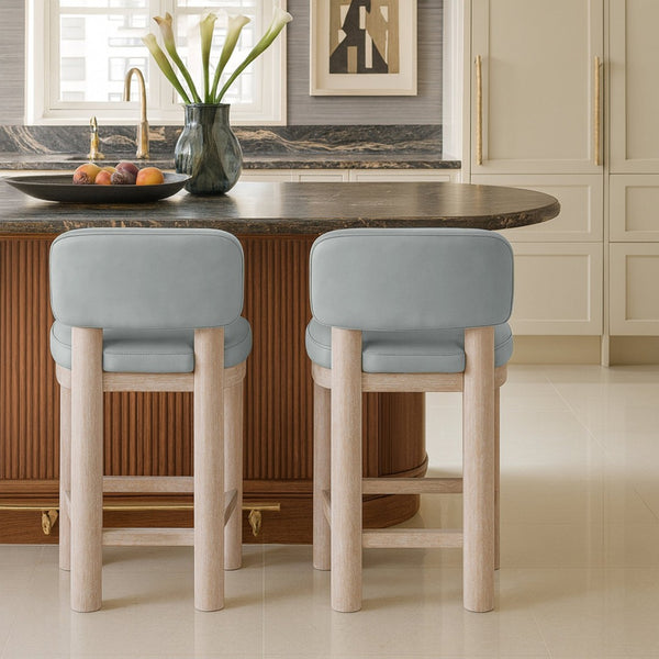 Meridian Furniture Paloma Art Deco Vegan Leather Counter Stool with Sculpted Wood Frame for Kitchen Islands Light Blue Style A 88054LtBlu-C