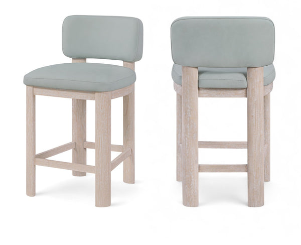 Meridian Furniture Paloma Art Deco Vegan Leather Counter Stool with Sculpted Wood Frame for Kitchen Islands Light Blue Style A 88054LtBlu-C