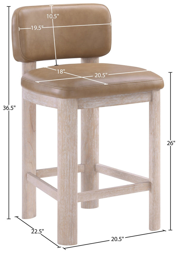 Meridian Furniture Paloma Art Deco Vegan Leather Counter Stool with Sculpted Wood Frame for Kitchen Islands Tan Style A 88054Tan-C