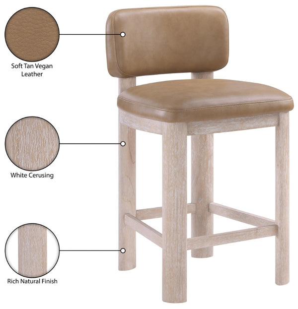 Meridian Furniture Paloma Art Deco Vegan Leather Counter Stool with Sculpted Wood Frame for Kitchen Islands Tan Style A 88054Tan-C