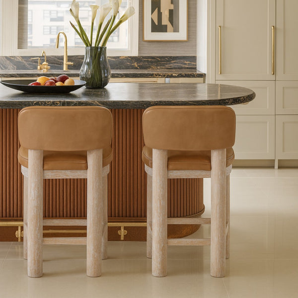 Meridian Furniture Paloma Art Deco Vegan Leather Counter Stool with Sculpted Wood Frame for Kitchen Islands Tan Style A 88054Tan-C