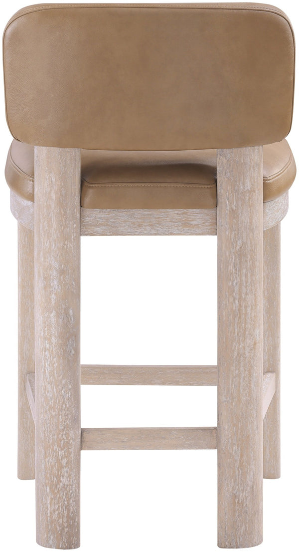 Meridian Furniture Paloma Art Deco Vegan Leather Counter Stool with Sculpted Wood Frame for Kitchen Islands Tan Style A 88054Tan-C