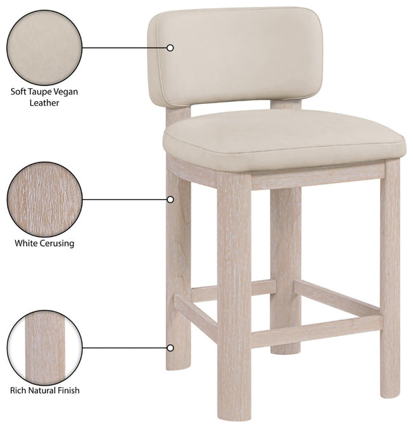 Meridian Furniture Paloma Art Deco Vegan Leather Counter Stool with Sculpted Wood Frame for Kitchen Islands Taupe Style A 88054Taupe-C