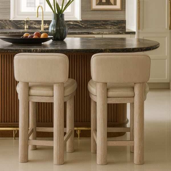 Meridian Furniture Paloma Art Deco Vegan Leather Counter Stool with Sculpted Wood Frame for Kitchen Islands Taupe Style A 88054Taupe-C