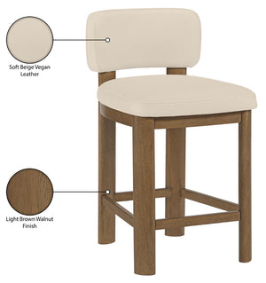 Meridian Furniture Paloma Art Deco Vegan Leather Counter Stool with Sculpted Wood Frame for Kitchen Islands Beige Style B 88055Beige-C