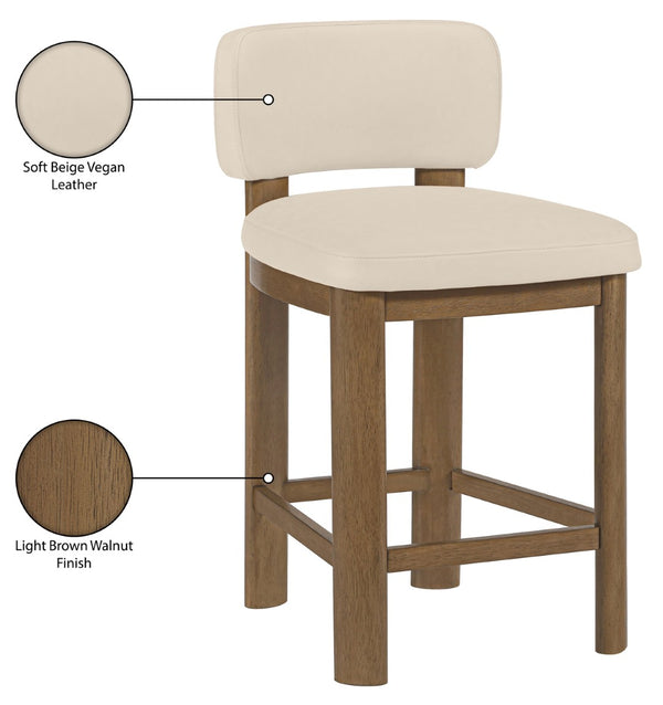 Meridian Furniture Paloma Art Deco Vegan Leather Counter Stool with Sculpted Wood Frame for Kitchen Islands Beige Style B 88055Beige-C