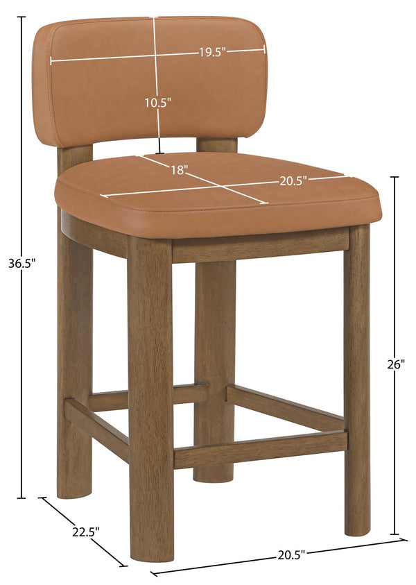 Meridian Furniture Paloma Art Deco Vegan Leather Counter Stool with Sculpted Wood Frame for Kitchen Islands Cognac Style B 88055Cognac-C