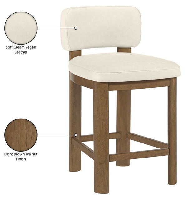 Meridian Furniture Paloma Art Deco Vegan Leather Counter Stool with Sculpted Wood Frame for Kitchen Islands Cream Style B 88055Cream-C