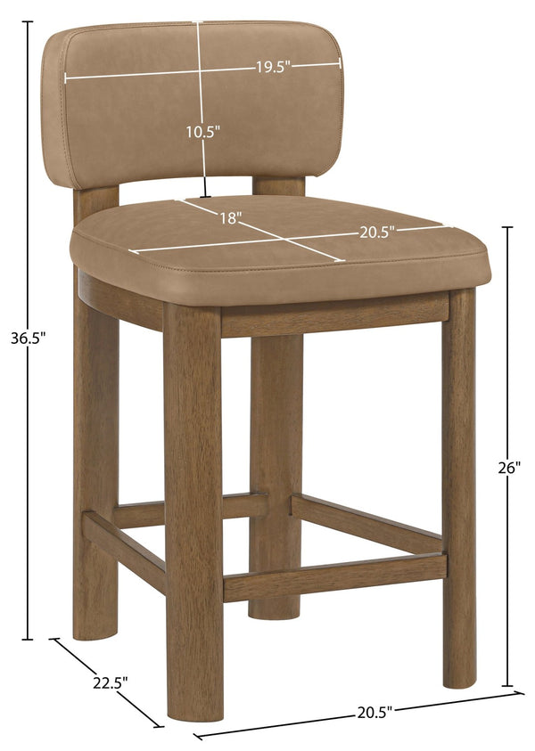 Meridian Furniture Paloma Art Deco Vegan Leather Counter Stool with Sculpted Wood Frame for Kitchen Islands Tan Style B 88055Tan-C