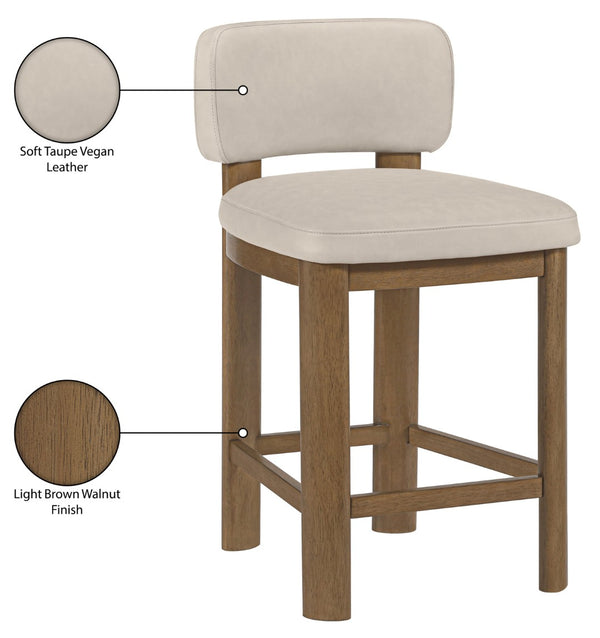 Meridian Furniture Paloma Art Deco Vegan Leather Counter Stool with Sculpted Wood Frame for Kitchen Islands Taupe Style B 88055Taupe-C