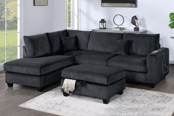 English Elm Modern Corduroy 3 Piece Sectional with Usb Charging Port and Storage Ottoman B011S02185
