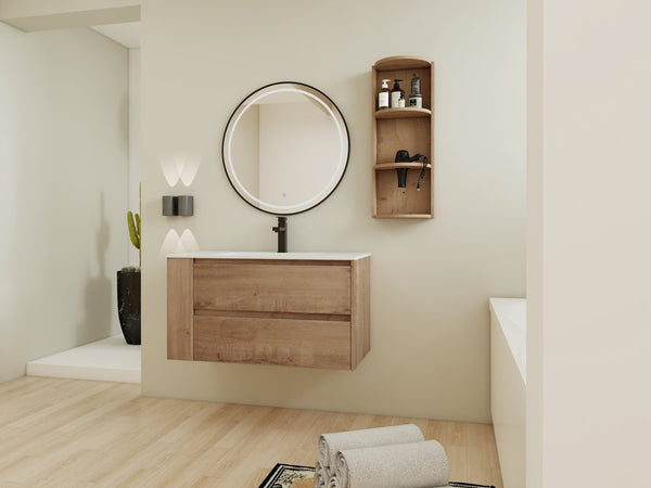 English Elm 36" Wall-Mounted Bathroom Vanity With Ceramic Sink, Dual Soft-Close Drawers & Side Rack Storage, Durable KD Packing W999S00344
