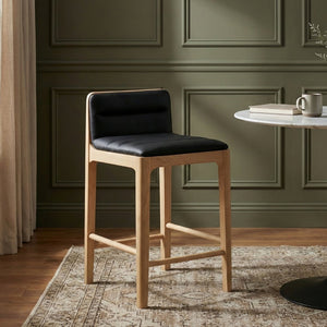Meridian Furniture Ellis Vegan Leather and Cane Back Counter Stool with Walnut Frame for Kitchen Islands Black Style A 88060Black-C
