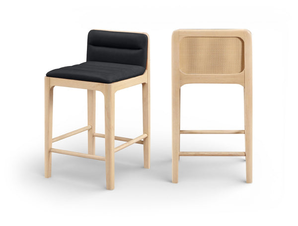 Meridian Furniture Ellis Vegan Leather and Cane Back Counter Stool with Walnut Frame for Kitchen Islands Black Style A 88060Black-C