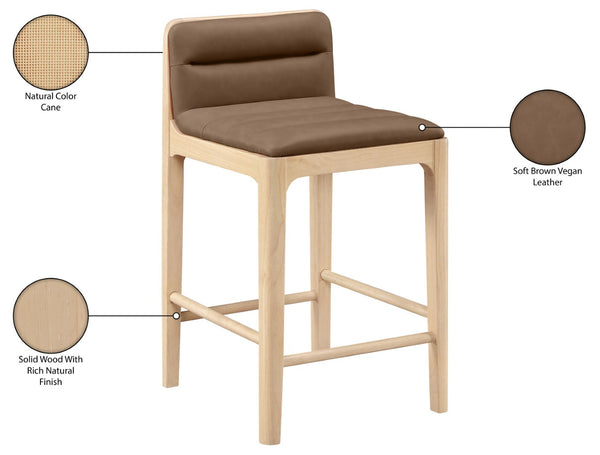 Meridian Furniture Ellis Vegan Leather and Cane Back Counter Stool with Walnut Frame for Kitchen Islands Brown Style A 88060Brown-C