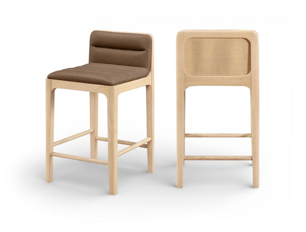 Meridian Furniture Ellis Vegan Leather and Cane Back Counter Stool with Walnut Frame for Kitchen Islands Brown Style A 88060Brown-C