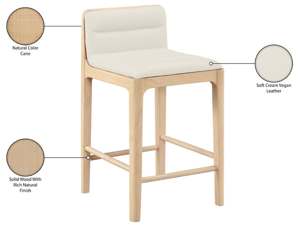 Meridian Furniture Ellis Vegan Leather and Cane Back Counter Stool with Walnut Frame for Kitchen Islands Cream Style A 88060Cream-C