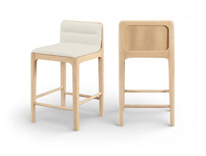 Meridian Furniture Ellis Vegan Leather and Cane Back Counter Stool with Walnut Frame for Kitchen Islands Cream Style A 88060Cream-C