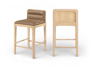 Meridian Furniture Ellis Vegan Leather and Cane Back Counter Stool with Walnut Frame for Kitchen Islands Tan Style A 88060Tan-C