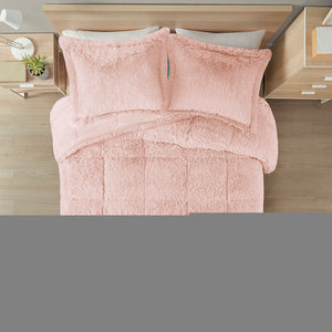 JLA Home Intelligent Design - Shaggy Plush Faux Fur Comforter Set with High-Pile Texture and Soft Reversible Plush Backing for Cozy Bedrooms Blush ID10-1823
