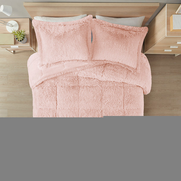 JLA Home Intelligent Design - Shaggy Plush Faux Fur Comforter Set with High-Pile Texture and Soft Reversible Plush Backing for Cozy Bedrooms Blush ID10-1823