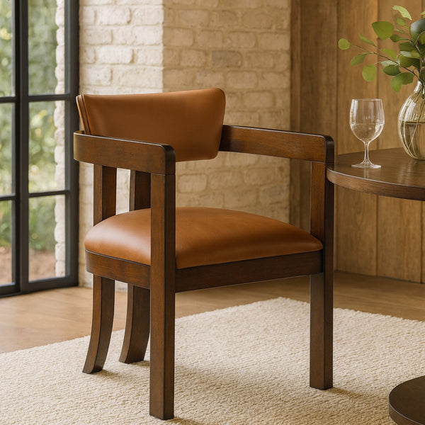 Meridian Furniture Lavrin Art Deco Vegan Leather Dining Arm Chair with Solid Walnut Wood Frame Cognac Style A 88061Cognac-AC