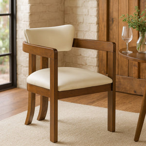 Meridian Furniture Lavrin Art Deco Vegan Leather Dining Arm Chair with Solid Walnut Wood Frame Cream Style A 88061Cream-AC