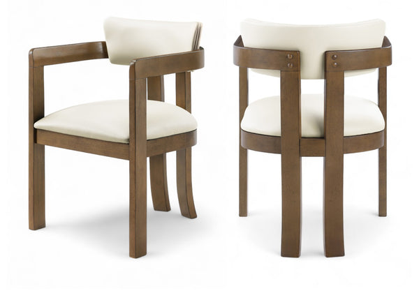 Meridian Furniture Lavrin Art Deco Vegan Leather Dining Arm Chair with Solid Walnut Wood Frame Cream Style A 88061Cream-AC