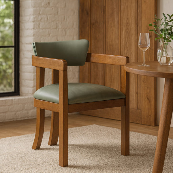 Meridian Furniture Lavrin Art Deco Vegan Leather Dining Arm Chair with Solid Walnut Wood Frame Olive Style A 88061Olive-AC