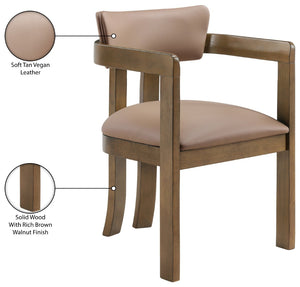 Meridian Furniture Lavrin Art Deco Vegan Leather Dining Arm Chair with Solid Walnut Wood Frame Tan Style A 88061Tan-AC