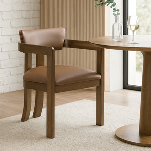 Meridian Furniture Lavrin Art Deco Vegan Leather Dining Arm Chair with Solid Walnut Wood Frame Tan Style A 88061Tan-AC