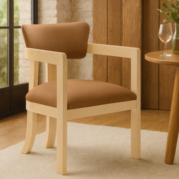 Meridian Furniture Lavrin Art Deco Vegan Leather Dining Arm Chair with Solid Walnut Wood Frame Cognac Style B 88062Cognac-AC