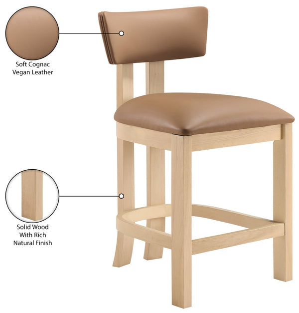 Meridian Furniture Lavrin Art Deco Counter Stool Vegan Leather Seat Solid Wood Frame for Kitchen Islands Cognac Style B 88062Cognac-C