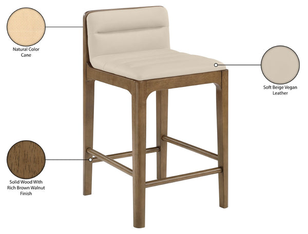Meridian Furniture Ellis Vegan Leather and Cane Back Counter Stool with Walnut Frame for Kitchen Islands Beige Style B 88063Beige-C