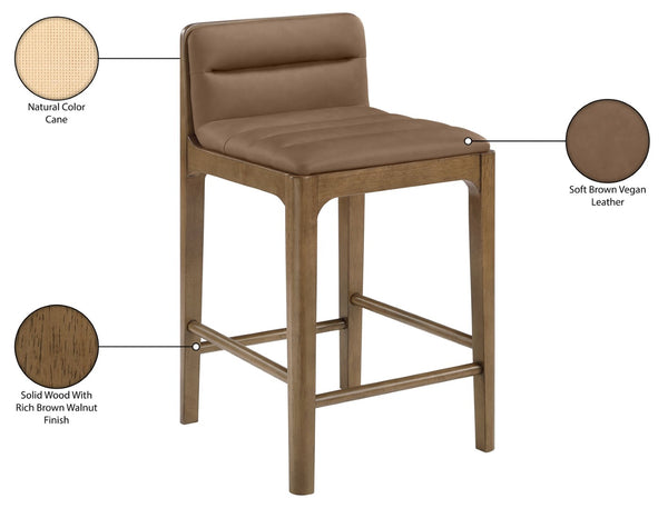 Meridian Furniture Ellis Vegan Leather and Cane Back Counter Stool with Walnut Frame for Kitchen Islands Brown Style B 88063Brown-C