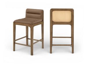 Meridian Furniture Ellis Vegan Leather and Cane Back Counter Stool with Walnut Frame for Kitchen Islands Brown Style B 88063Brown-C
