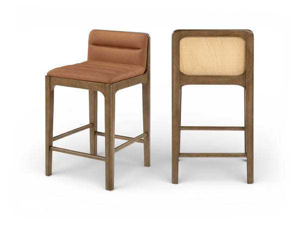 Meridian Furniture Ellis Vegan Leather and Cane Back Counter Stool with Walnut Frame for Kitchen Islands Cognac Style B 88063Cognac-C