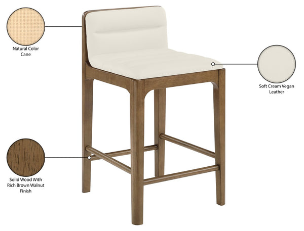 Meridian Furniture Ellis Vegan Leather and Cane Back Counter Stool with Walnut Frame for Kitchen Islands Cream Style B 88063Cream-C