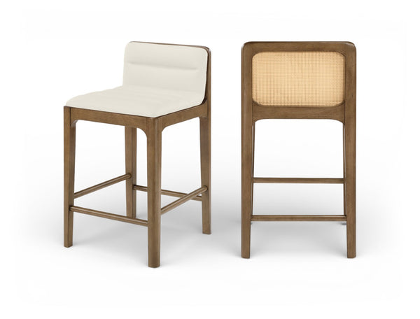 Meridian Furniture Ellis Vegan Leather and Cane Back Counter Stool with Walnut Frame for Kitchen Islands Cream Style B 88063Cream-C