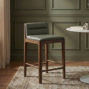 Meridian Furniture Ellis Vegan Leather and Cane Back Counter Stool with Walnut Frame for Kitchen Islands Green Style B 88063Green-C