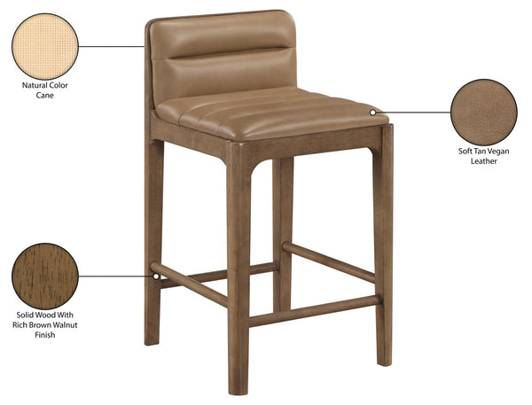 Meridian Furniture Ellis Vegan Leather and Cane Back Counter Stool with Walnut Frame for Kitchen Islands Tan Style B 88063Tan-C