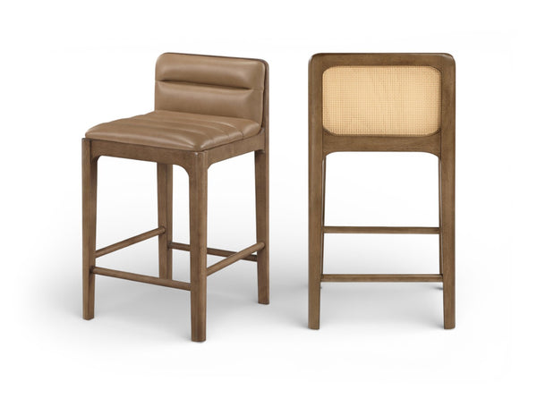 Meridian Furniture Ellis Vegan Leather and Cane Back Counter Stool with Walnut Frame for Kitchen Islands Tan Style B 88063Tan-C
