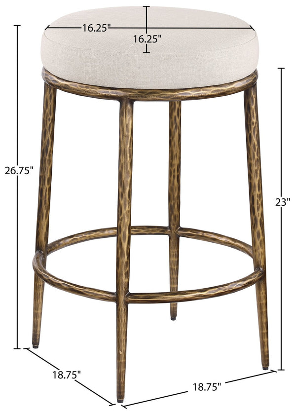 Meridian Furniture Ferro Brushed Brass Iron Frame Counter Stool with Linen Performance Upholstery 88064Beige-C