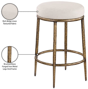 Meridian Furniture Ferro Brushed Brass Iron Frame Counter Stool with Linen Performance Upholstery 88064Beige-C