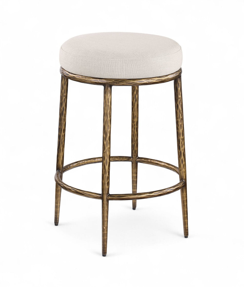 Meridian Furniture Ferro Brushed Brass Iron Frame Counter Stool with Linen Performance Upholstery 88064Beige-C