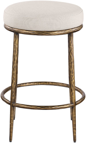 Meridian Furniture Ferro Brushed Brass Iron Frame Counter Stool with Linen Performance Upholstery 88064Beige-C
