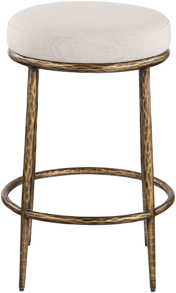 Meridian Furniture Ferro Brushed Brass Iron Frame Counter Stool with Linen Performance Upholstery 88064Beige-C