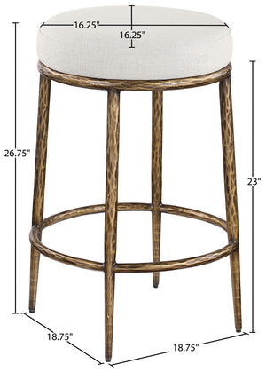 Meridian Furniture Ferro Brushed Brass Iron Barstool with Cream Linen Performance Fabric Kitchen Island Seat 88064Cream-C